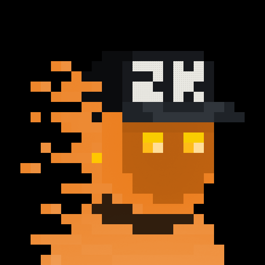 A pixel art illustration of a brown, blocky character with glowing yellow eyes wearing a black cap with '2X' written in white.