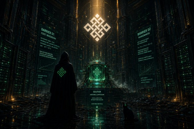 The image shows a man wearing a cape with a geometric design standing next to a cat. The caption of the image reads, "Blockchain validators replicate every computation across every node. That works fine for token transfers and AMM swaps. For GPU-intensive AI workloads, it fails. The failure is structural, not just expensive. @ritualnet 'Symphony whitepaper opens by identifying two independent". Focus on what is in the image and how it relates to the post."