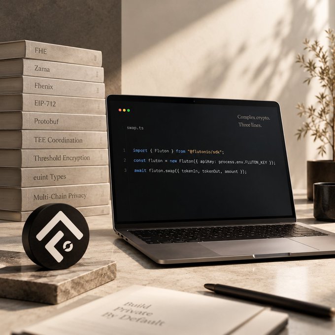 A laptop displays code with the text 'swap.ts' and 'Complex crypto. Three lines.' alongside books labeled 'FHE', 'Zama', 'Fhenix', 'EIP-712', 'Protobuf', 'TEE Coordination', 'Threshold Encryption', 'euint Types', and 'Multi-Chain Privacy', with a notebook reading 'Build Private By Default'.