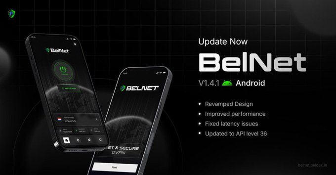 A promotional banner advertises BelNet V1.4.1 Android update, featuring two smartphones displaying the app interface alongside bullet points highlighting revamped design, improved performance, fixed latency issues, and updated to API level 36.