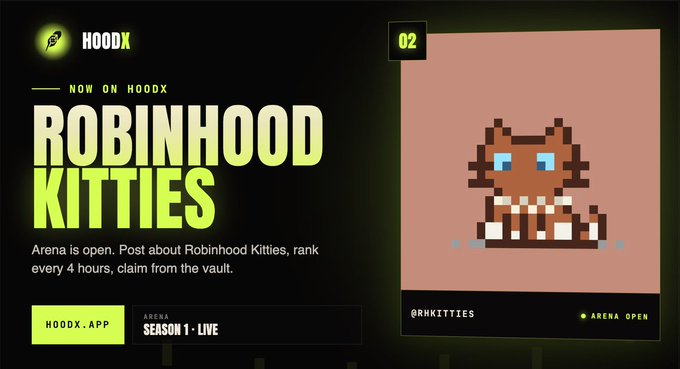 HoodX advertisement promoting 'ROBINHOOD KITTIES' now available, featuring a pixel art cat character with 'Arena is open. Post about Robinhood Kitties, rank every 4 hours, claim from the vault.' and 'ARENA OPEN' badges.
