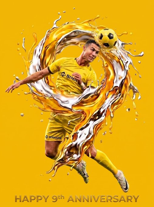 A Binance promotional image featuring Cristiano Ronaldo in a yellow Binance jersey kicking a ball, with yellow and silver liquid splash effects, and text reading 'HAPPY 9TH ANNIVERSARY'.