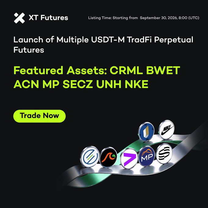An XT Futures promotional graphic announces the launch of multiple USDT-M TradFi perpetual futures, listing featured assets CRML, BWET, ACN, MP, SECZ, UNH, and NKE, with listing starting September 30, 2026.