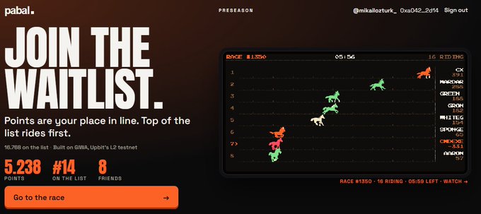 A screenshot of a digital horse racing game interface with the text 'JOIN THE WAITLIST' and 'Points are your place in line.'