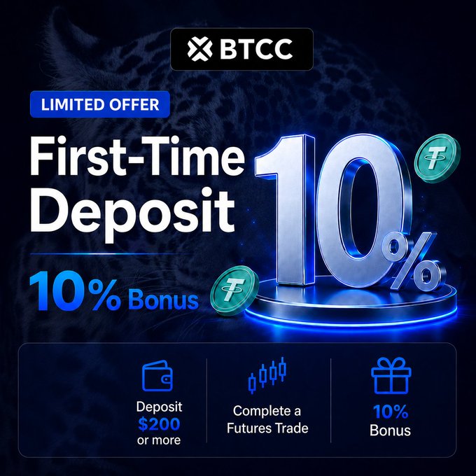 The image is a promotional advertisement for BTCCexchange highlighting a limited-time first-time deposit offer, featuring bold "10%" bonus graphics and step-by-step instructions: deposit $200 or more, complete a futures trade, and receive a 10% bonus. It visually reinforces the accompanying post's details about the new user promotion.