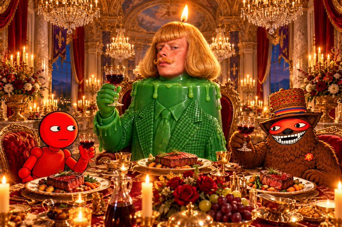 A whimsical, baroque-style scene featuring a man with a green candle emerging from his head, dressed in a green checkered suit, seated at an opulent feast alongside a red cartoon figure and a furry character in a top hat, all in front of an ornate palace backdrop with chandeliers.