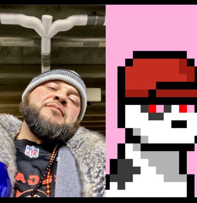 A split image showing a man with a beard and grey beanie on the left, wearing an NFL jersey, alongside a pixel art character with a red cap on a pink background on the right.