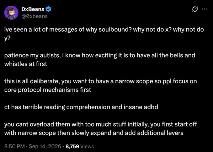 A screenshot of a tweet from user OxBeans (@0xbeans) discussing design decisions, stating that features are deliberately kept narrow initially so users focus on core protocol mechanisms first.