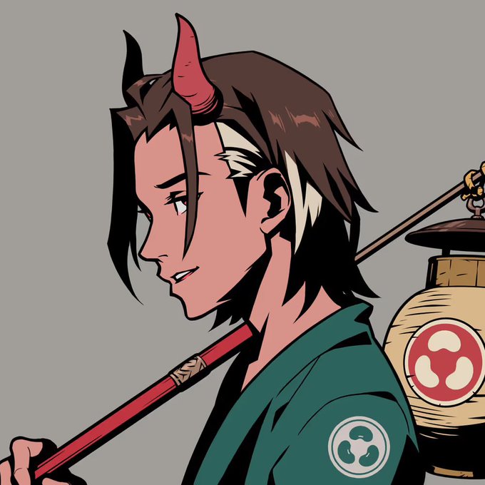 The image features a side-profile illustration of a character with brown hair, a single red oni horn, and a streaked white bang, wearing a teal kimono and carrying a red pole over his shoulder attached to a lantern marked with a tomoe symbol.

This connects to the post because it depicts an Azuki NFT character (known for their signature horn and anime style), supporting the user's claim that they are an NFT/crypto enthusiast who identifies with the Azuki aesthetic, even though they don't belong to the official Azuki team.