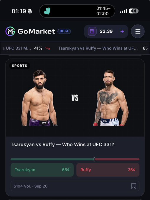 A GoMarket app screenshot showing UFC betting odds: Tsarukyan vs Ruffy at UFC 331, with Tsarukyan at 65¢ and Ruffy at 35¢, $104 volume on Sep 20.