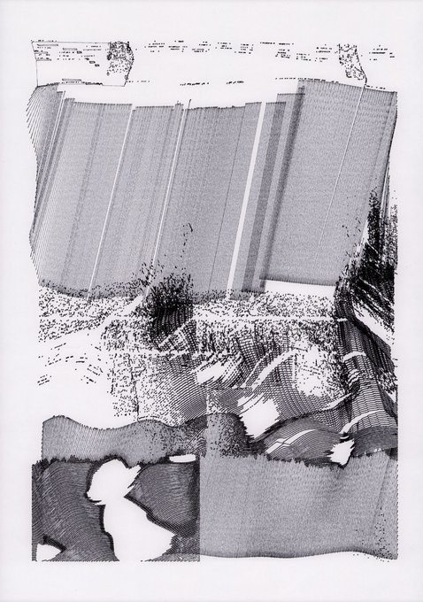 A black and white abstract print or photocopy showing vertical stripes transitioning into textured, wave-like patterns.