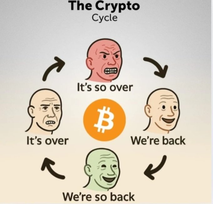 "The crypto cycle" is written at the top of the image, followed by a series of four cartoon faces with different expressions, each representing a stage or phase of the cryptocurrency market. The first face shows a bald man with a red beard, the second face has a bald man with an orange beard, and the third face features a bald man with a green beard. The fourth face displays a bald man with a gray beard. Each character is accompanied by text that explains their facial expressions or actions related to the crypto market.