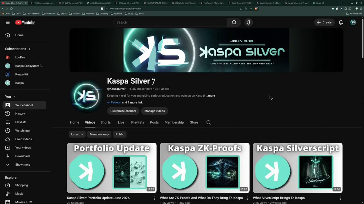 The image shows a computer screen displaying a webpage with three videos playing side by side, each featuring a different person's face. The first video has a green background, while the other two have white backgrounds. The text "Kaspa Silver 7" is visible on the screen along with the names of the people featured in the videos. The post also mentions that there are updates available for Kaspa Silver and Kaspa Silver.