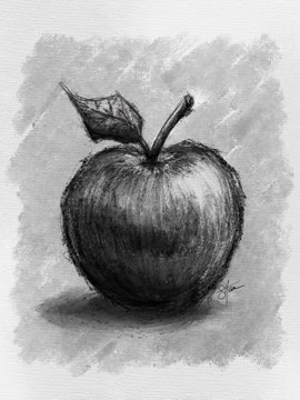 A black and white pencil sketch of an apple with a leaf on top, rendered with shading against a textured gray background.