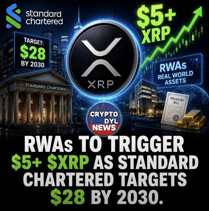 A promotional graphic from CryptoDylNews features the Standard Chartered logo alongside the XRP logo, highlighting a bold projection that RWAs could drive XRP to $5+ and a target of $28 by 2030, directly supporting the announcement of the bank's bullish long-term forecast for XRP.