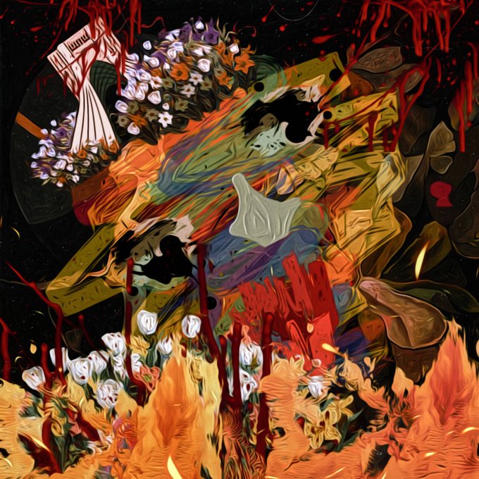 An abstract, chaotic digital painting featuring bold red drips, floral elements, and fiery orange textures with silhouetted figures, evoking a dramatic and surreal composition.
