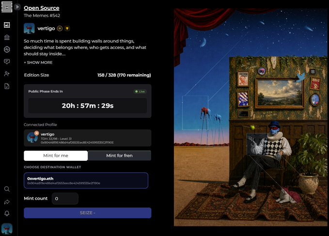 An NFT marketplace interface showing an 'Open Source' meme collection by 'vertigo' (The Memes #542), with 158/328 minted, a 20h 57m 29s countdown, and a surreal artwork of a person on a phone in a wallpapered room.