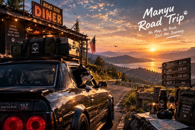A scenic 'Manyu Road Trip' promotional image featuring a husky leaning out of a black Skyline GT-R near a roadside diner at sunset, with road signs listing distances to Bromo, Lien, and Bali.