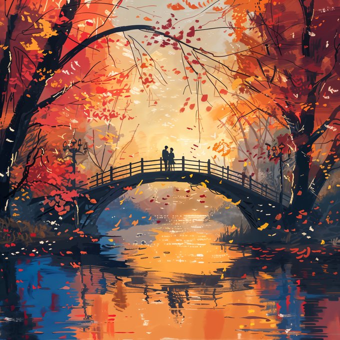 An artistic painting of a couple standing on a bridge over water, surrounded by vibrant autumn foliage in shades of orange, red, and yellow.