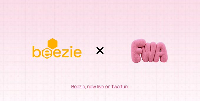 A pink gridded promotional graphic showing the logos "beezie" and "FWA" separated by an X, with text below reading "Beezie, now live on fwa.fun."
