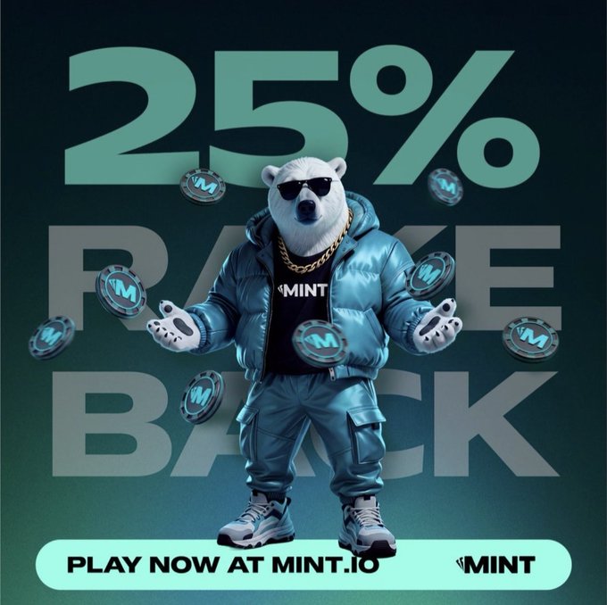 A promotional graphic featuring an anthropomorphic bear wearing sunglasses, a gold chain, and a puffy jacket, surrounded by floating 'M' coins with the text '25% RACE BACK' and 'PLAY NOW AT MINT.IO'.