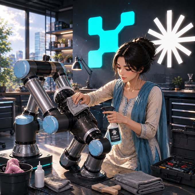 Anime-style illustration of a woman cleaning a robotic arm with 'ROBOT CLEANER' spray in a futuristic workshop setting.