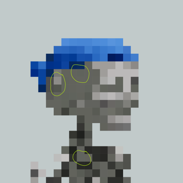 A low-resolution pixel art image shows a gray figure with a blue head covering, with yellow circles highlighting its eye and mouth areas.