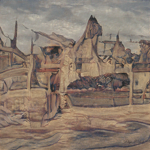 A muted, earth-colored painting depicting a desolate landscape with abstract, blocky structures and mounds of debris.