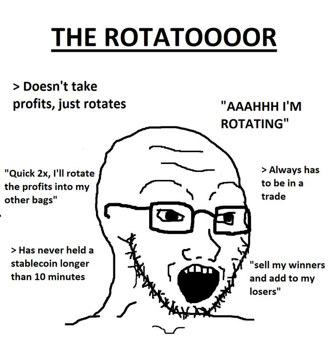 A Wojak-style meme titled "THE ROTATOOOOR" featuring a screaming bald character, with labels humorously describing a trader who constantly rotates positions without taking profits, always being in a trade, and selling winners to add to losers.