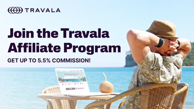 An advertisement for the "TRAVALA" Affiliate Program offers "GET UP TO 5.5% COMMISSION!" featuring a man in a straw hat relaxing at a beachside table with a laptop and coconut.