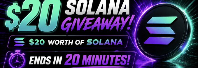 A neon Solana giveaway graphic advertises **“$20 SOLANA GIVEAWAY!”** for **“$20 WORTH OF SOLANA”** and says **“ENDS IN 20 MINUTES!”** It visually promotes the post promising $20 in SOL to one person who comments their Solana wallet and reposts.