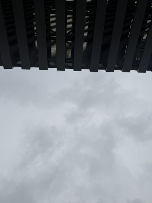 A low-angle shot looking up at a modern building's ceiling structure with slatted beams and ceiling fans, framed against a cloudy gray sky.
