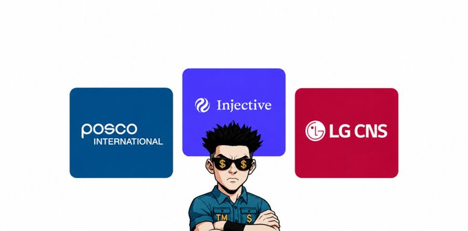 The image features a cartoon character with sunglasses and a "TMS" jacket positioned in front of three company logos: POSCO International, Injective, and LG CNS, visually representing the partnership between these three entities in a trade receivables tokenization pilot.