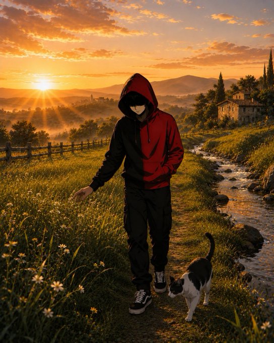 A hooded figure in a red and black jacket walks through a grassy field at sunset alongside a black and white cat.