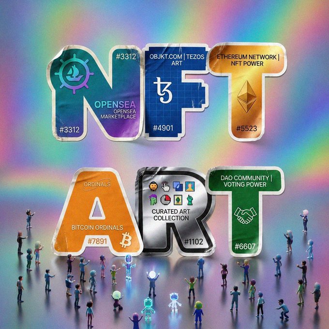 The image displays colorful "NFT ART" text in large block letters, with each letter highlighting different NFT platforms and collections including OpenSea (#3312), Objkt.com/Tezos Art (#4901), Ethereum Network (#5523), Bitcoin Ordinals (#7891), a Curated Art Collection (#1102), and DAO Community Voting Power (#6607), surrounded by small digital avatar figures. The graphic visually represents the diverse NFT ecosystem the poster references, showcasing the various marketplaces, blockchains, and communities they engage with for minting, selling, and collecting digital art and PFPs.