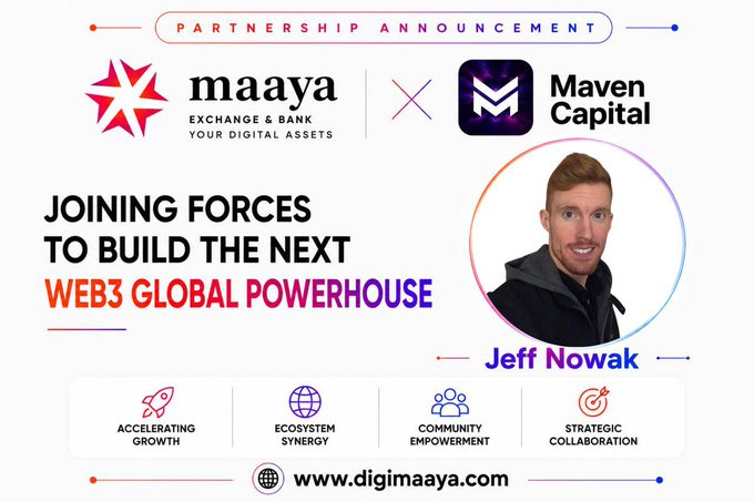 Partnership announcement graphic featuring Maaya Exchange & Bank and Maven Capital logos, headlined "Joining Forces to Build the Next Web3 Global Powerhouse," with a photo of Jeff Nowak and four pillars: Accelerating Growth, Ecosystem Synergy, Community Empowerment, and Strategic Collaboration, linking to digimaaya.com.