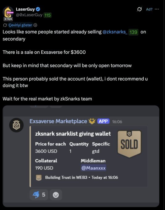 A screenshot of a post by 'LaserGuy' (@0xLaserGuy) warning users about a $3600 sale on Exsaverse for @zksnarks, advising against buying from the secondary market before it officially opens.
