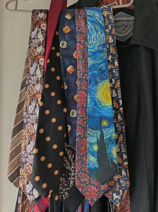 A collection of colorful neckties hangs on hangers, featuring various patterns including cats, sugar skulls, paisley, and one standout tie printed with Vincent van Gogh's Starry Night.