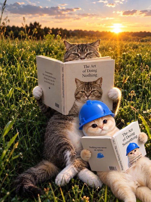 Two cats sit in a grassy field at sunset reading books titled "The Art of Doing Nothing" and "The Art of Doing Something," with one cat wearing a blue hard hat.