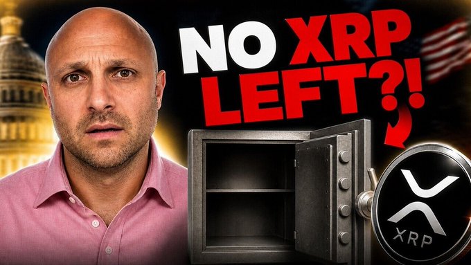 The image features a man wearing a pink shirt, standing next to an open safe with a "no xrp left?" sign above it. The background of the image shows a building with a dome roof, which could be a part of the Capitol Building in Washington D.C., as suggested by the caption provided.