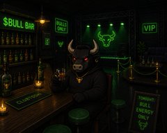 A 3D rendered scene of a neon-lit 'BULL BAR' featuring an anthropomorphic bull character in a suit standing behind the counter, with signs for 'BULLS ONLY' and 'TONIGHT SUPER ENERGY ONLY'.