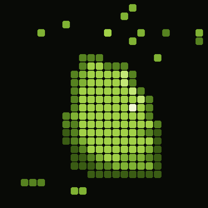 A pixel art image of a green Android (Androidify) character with a single white pixel for an eye and another white pixel as a highlight on the right side of its head, resembling a zombie or glitchy version of the mascot.