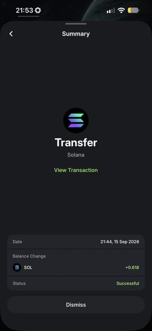 A mobile phone screenshot displays a successful Solana transaction summary showing a balance change of +0.618 SOL dated 15 Sep 2026.