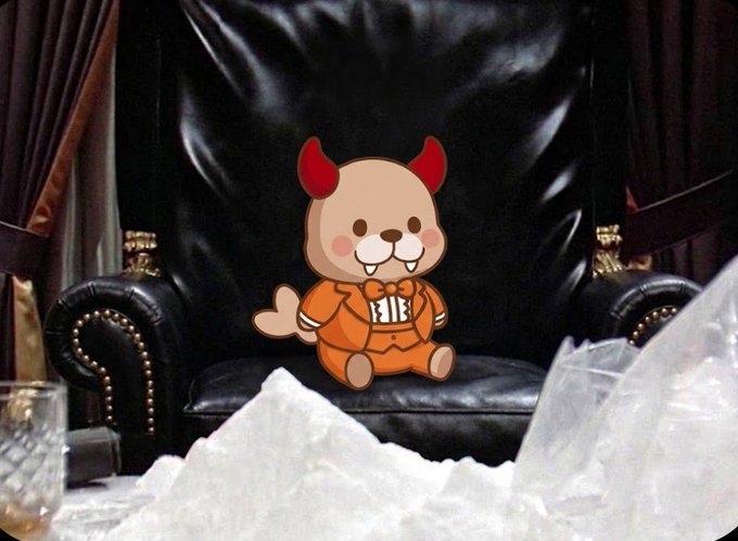 A cartoonish orange character wearing an orange prison-style jumpsuit with the number '1' sits on a black leather armchair surrounded by what looks like plastic bags.