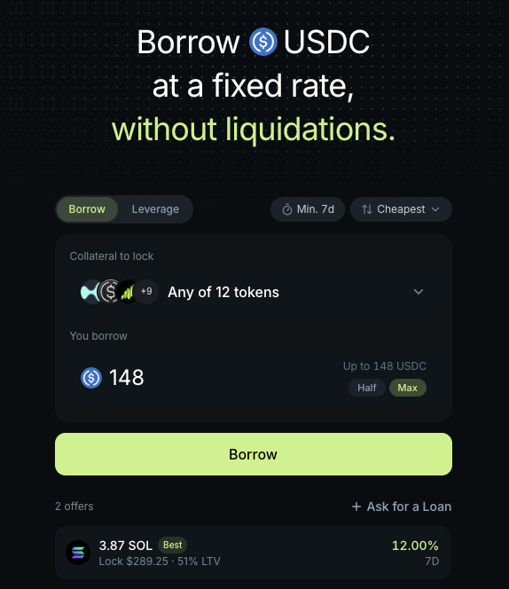 A simplified Jupiter Offerbook interface showing a "Borrow USDC at a fixed rate, without liquidations" feature, where users can lock any of 12 tokens as collateral to borrow up to 148 USDC at a 12.00% rate for 7 days by locking $289.25 (51% LTV) of SOL, with a clean toggle between Borrow and Leverage modes.