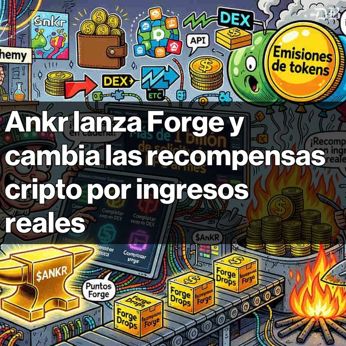 A Spanish-language graphic about Ankr's new product "Forge," with text "Ankr lanza Forge y cambia las recompensas cripto por ingresos reales," featuring colorful illustrations of coins, DEXs, and token emissions.