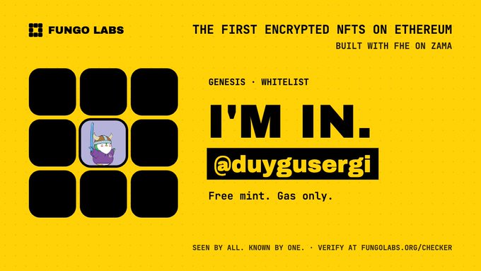 A Fungo Labs "Genesis Whitelist" confirmation card on a yellow background announces the user "@duygusergi" as selected for "The First Encrypted NFTs on Ethereum, Built with FHE on Zama," featuring a small cat-in-a-hat character tile and noting "Free mint. Gas only" with verification at fungolabs.org/checker—matching the user's excitement about being selected for the Fungo Labs mint.