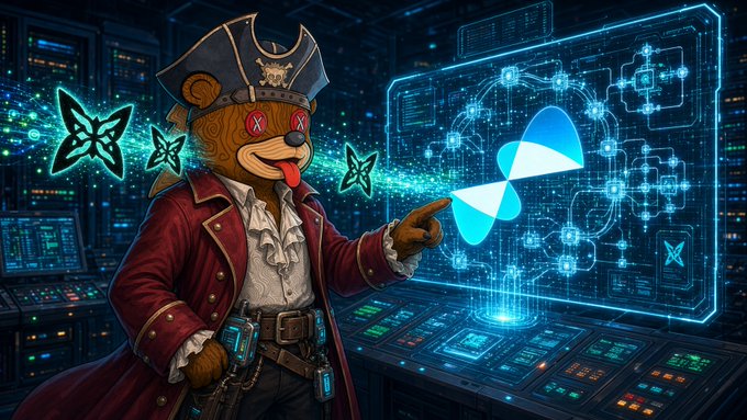 A digital illustration of an anthropomorphic bear wearing a pirate hat and coat, pointing at a glowing blue futuristic interface.