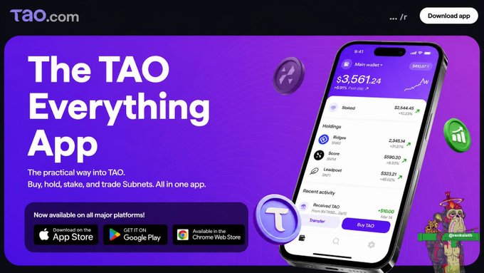 Promotional advertisement for 'The TAO Everything App' displaying cryptocurrency prices and download options, with the website 'TAO.com'.