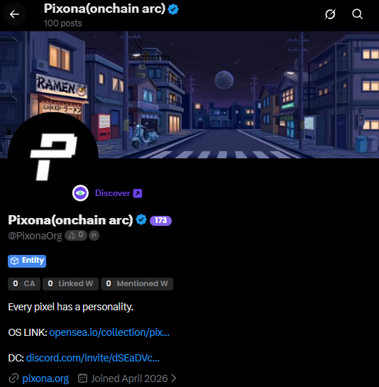 A Twitter/X profile page for 'Pixona (onchain arc)' with the handle @PixonaOrg, showing 100 posts and 178 followers, with the tagline 'Every pixel has a personality,' and links to opensea.io, discord, and pixona.org, featuring a pixel art anime-style cityscape banner.